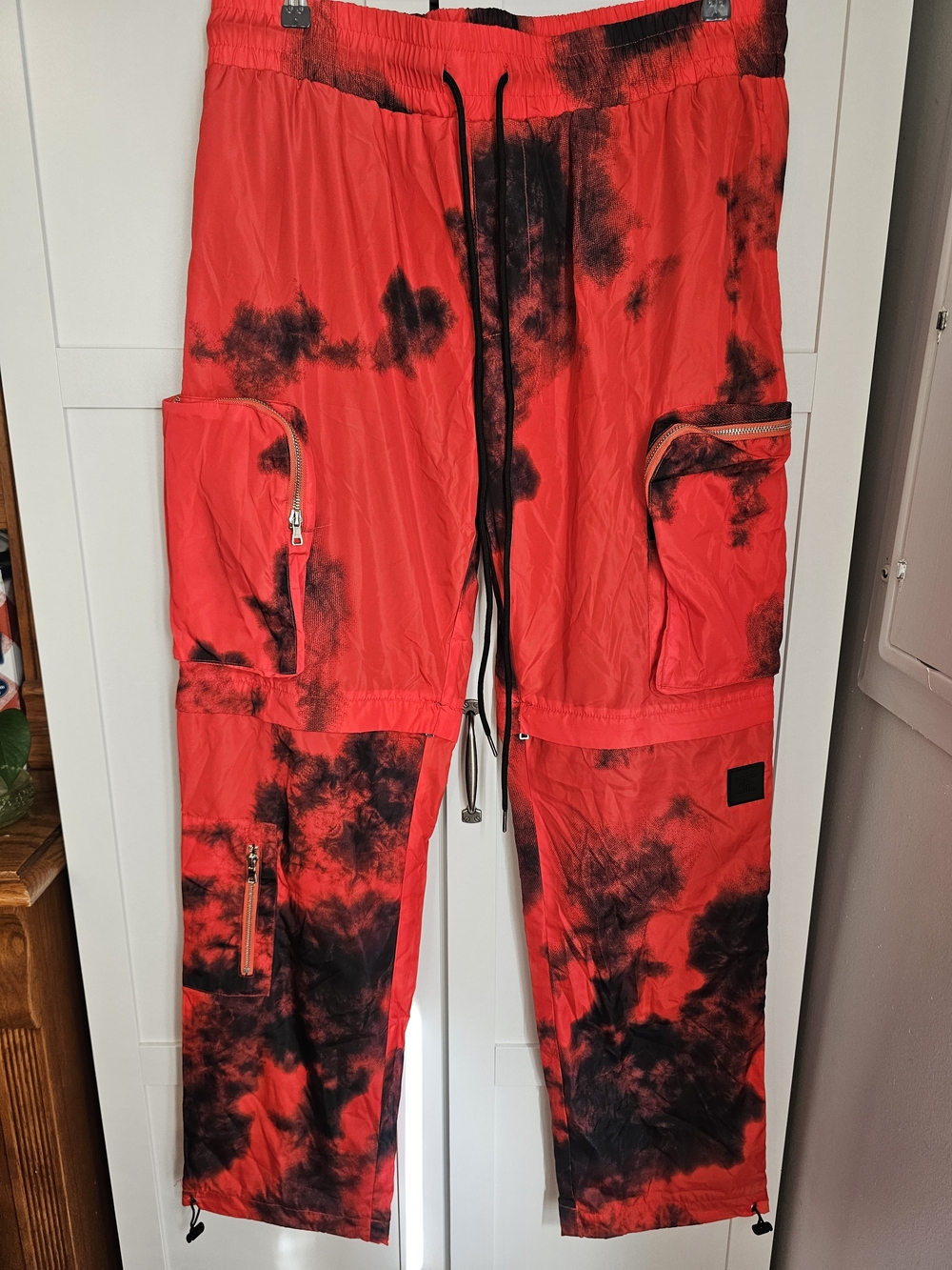 EPTM Tie Dye Nylon Cargo Track Pants Red Black Convertible Zip Off Shorts 2XL